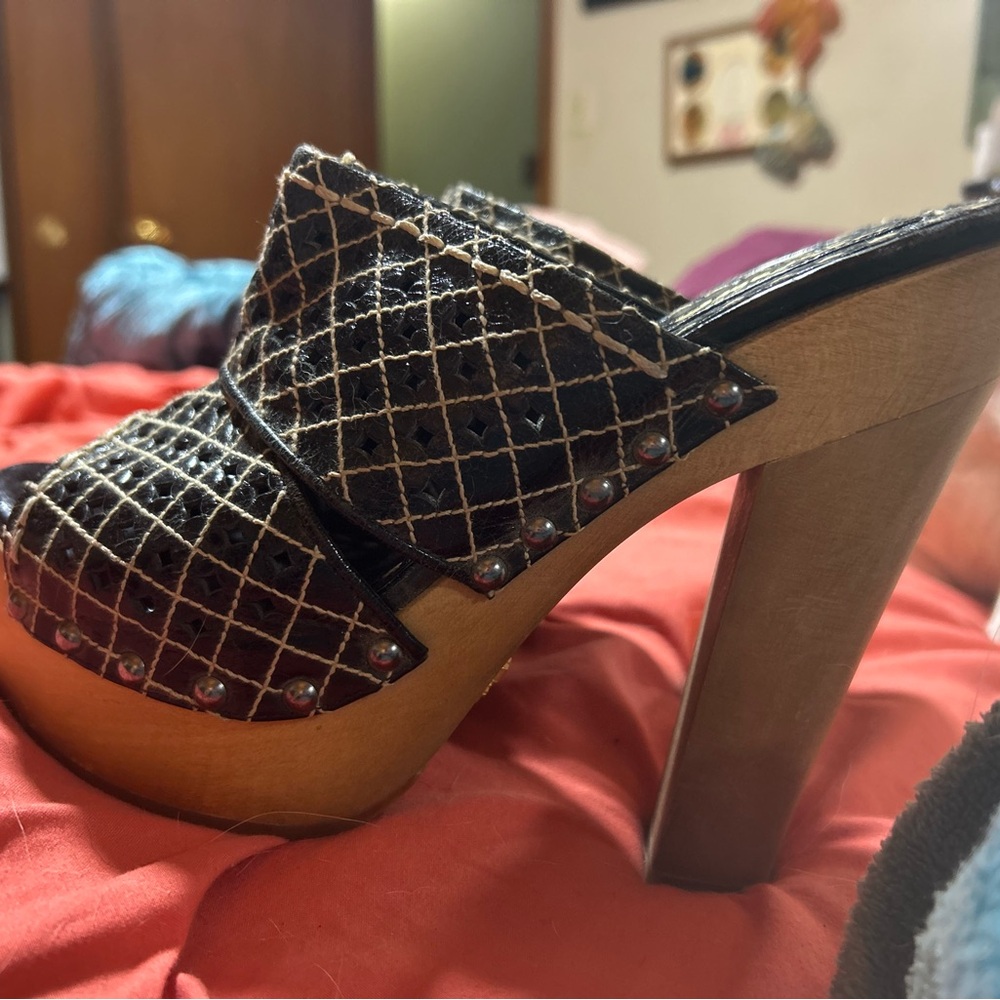Prada Black and Cream Clog, with Tan Heel